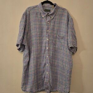 Kevins Plantation plaid Button Down Short Sleeve 100% Linen Shirt Mens Size XXL
